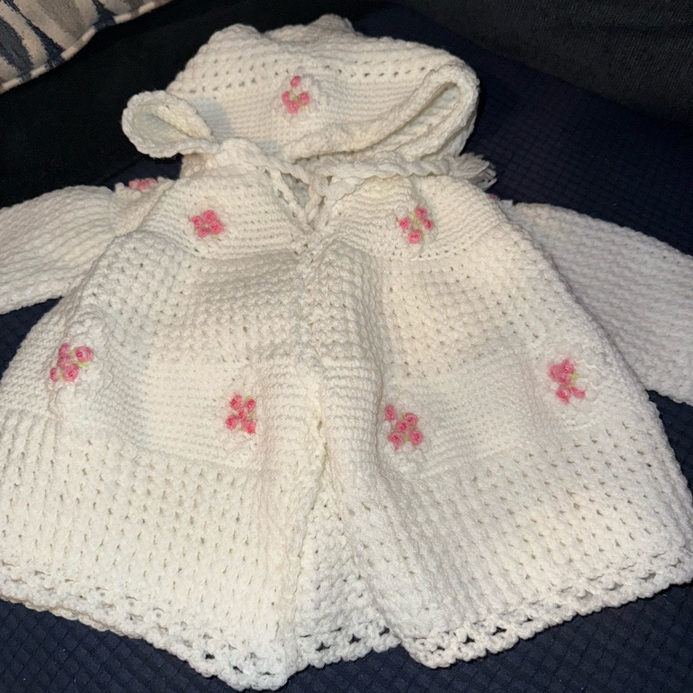 White and Pink Knitted Kids Coat